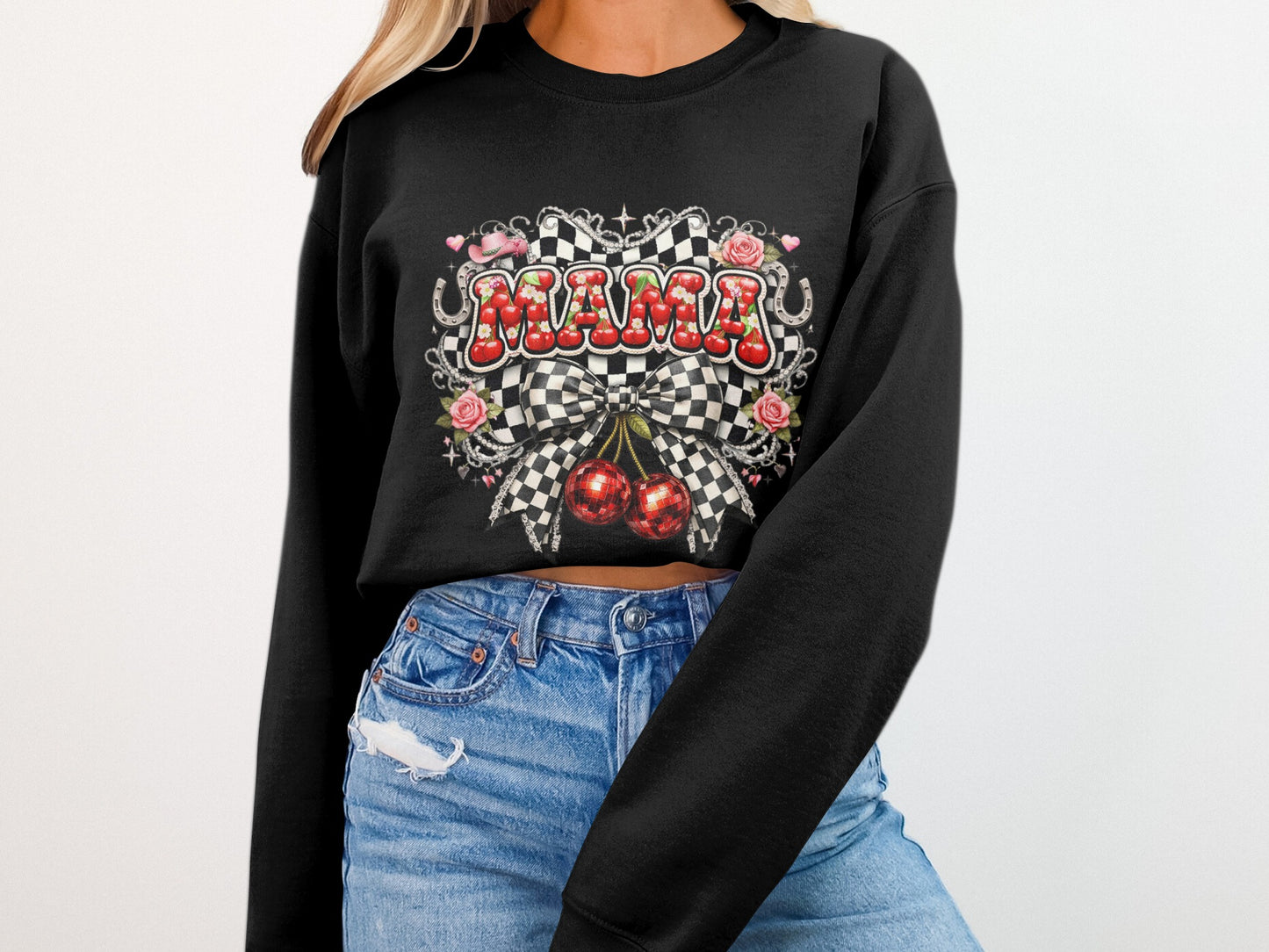 Black sweatshirt with "Mama" in checkered pattern, cherries, and roses.