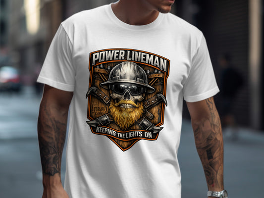 Power lineman shield with tools, beard, and glasses, keeping the lights on.