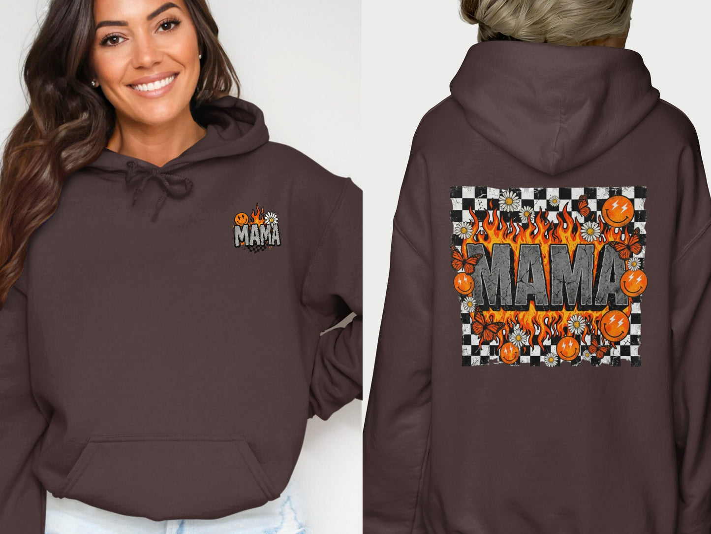 Brown hoodie with "MAMA" text, flames, butterflies, and checkered pattern on back.