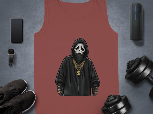 Ghostface mask tank top with gold chain and accessories.