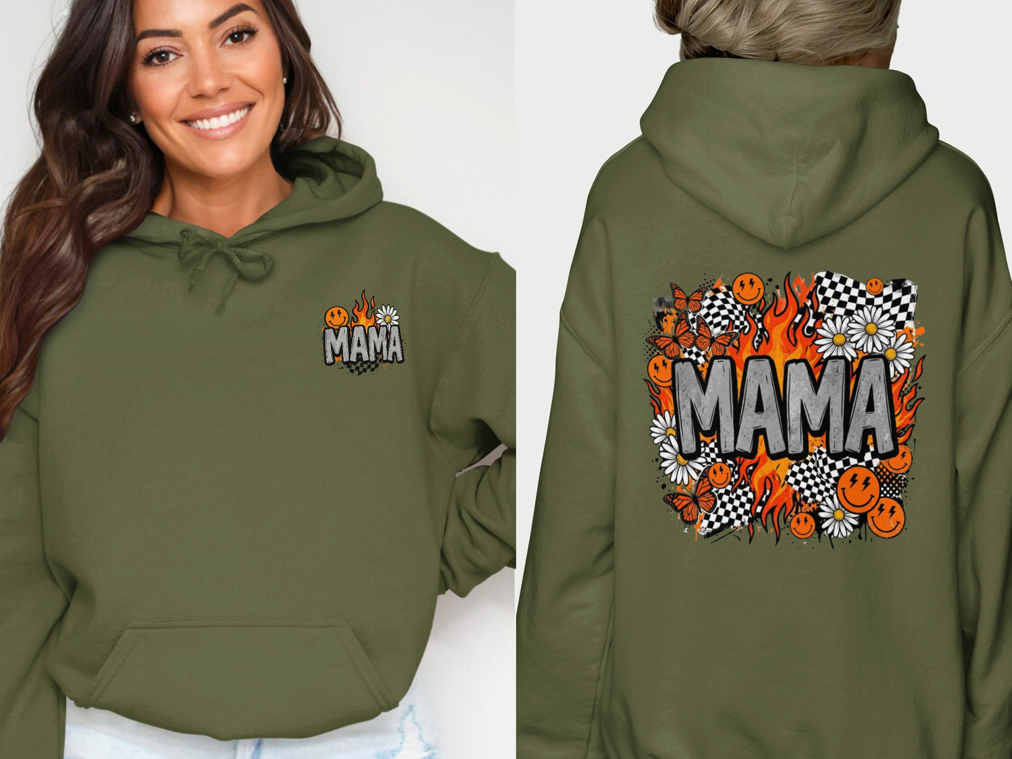 Olive green hoodie with "MAMA" graphic featuring flames, butterflies, and checkered patterns.